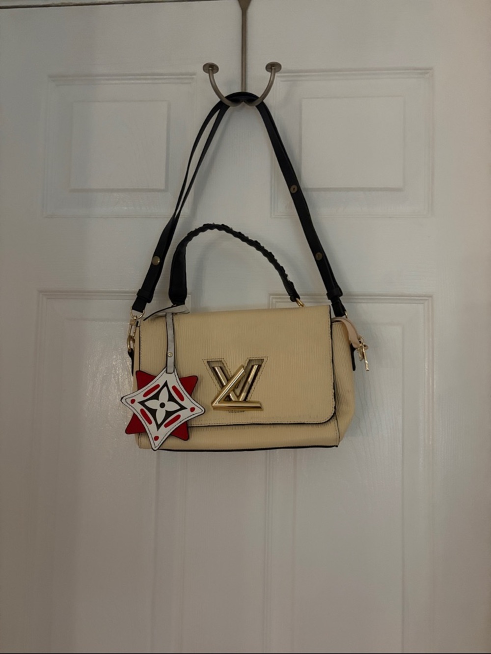 Louis Vuitton Cream Satchel with Black Strap and Gold Hardware